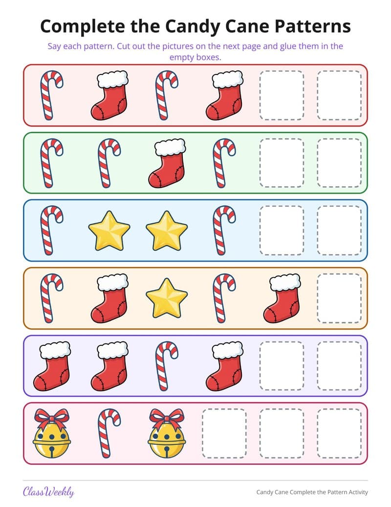 Candy Cane Complete the Pattern Activity - Kindergarten Numbers printable preview