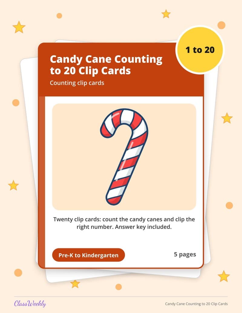 Candy Cane Counting to 20 Clip Cards - Kindergarten Numbers printable preview