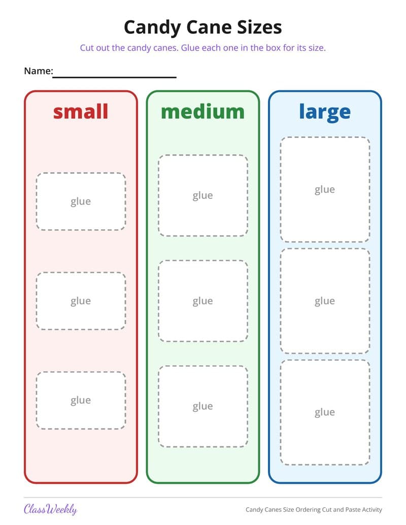 Candy Canes Size Ordering Cut and Paste Activity - Kindergarten Numbers printable preview