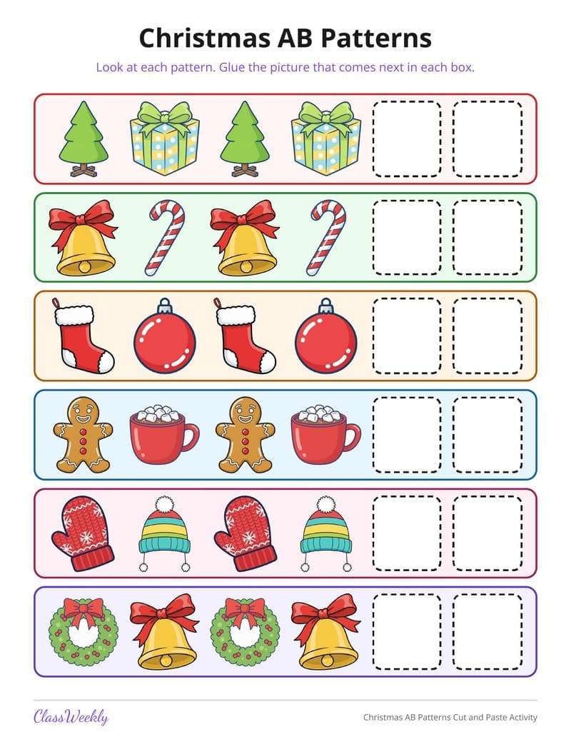 Christmas AB Patterns Cut and Paste Activity - Kindergarten Numbers printable preview
