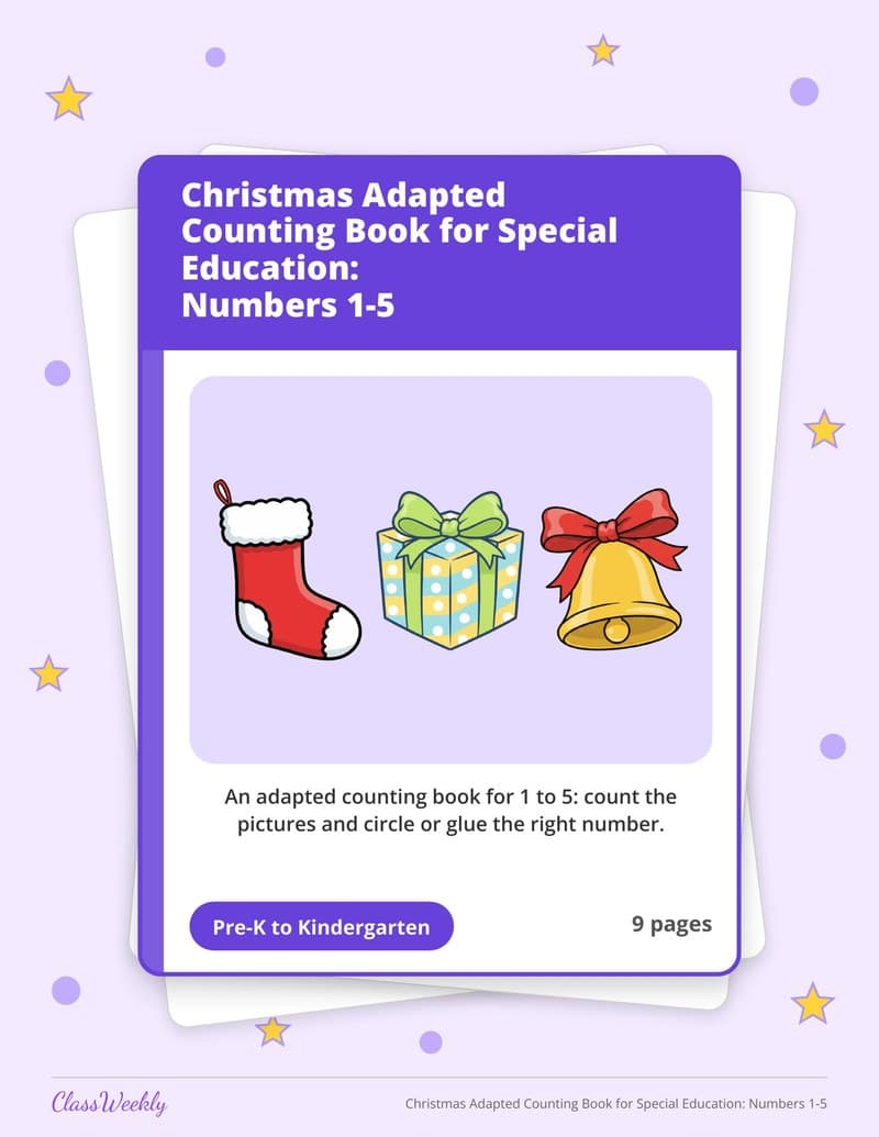 Christmas Adapted Counting Book for Special Education: Numbers 1-5 - Kindergarten Numbers printable preview