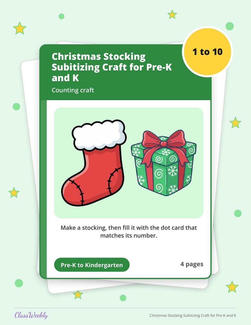 Christmas Stocking Subitizing Craft for Pre-K and K - Kindergarten Numbers printable preview
