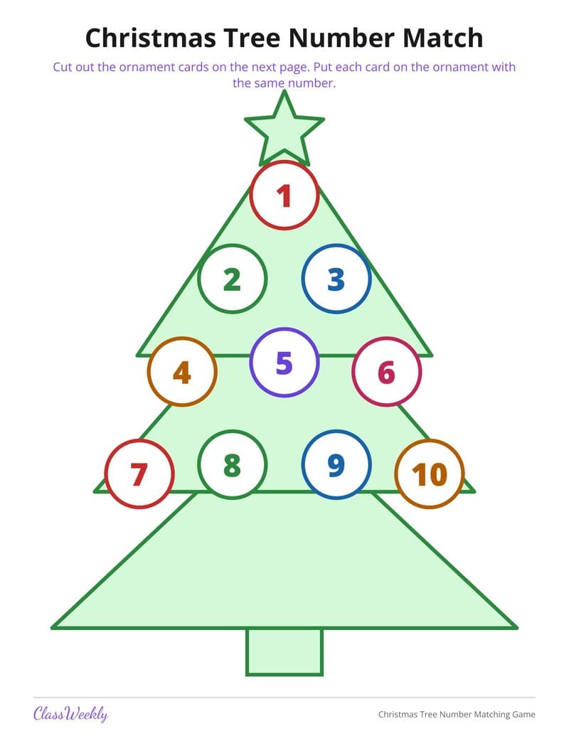 Christmas Tree Number Matching Game - Kindergarten Numbers printable preview