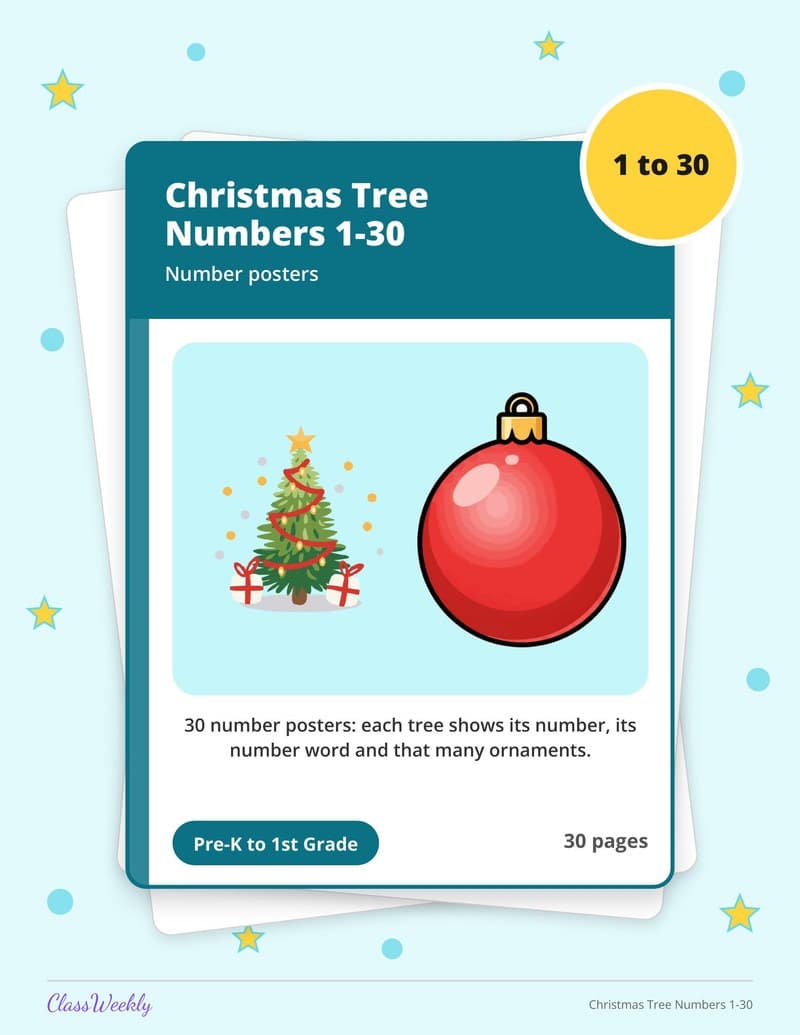 Christmas Tree Numbers 1-30 - Kindergarten Numbers printable preview