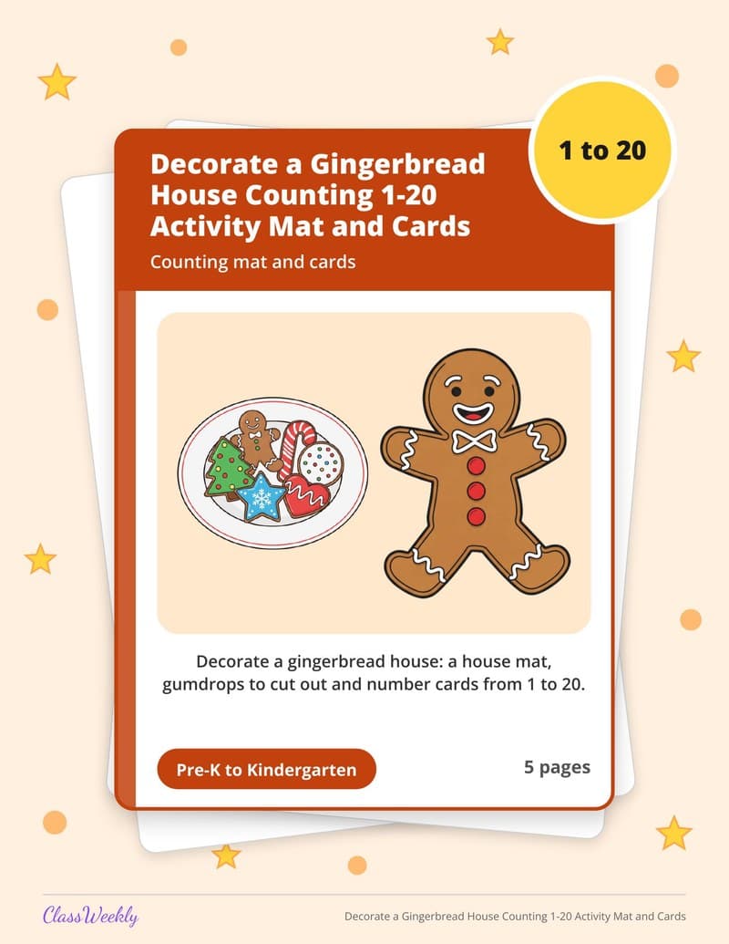 Decorate a Gingerbread House Counting 1-20 Activity Mat and Cards - Kindergarten Numbers printable preview
