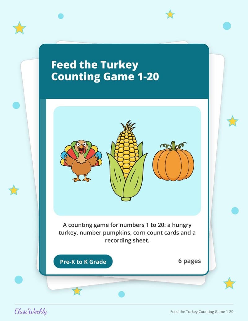 Feed the Turkey Counting Game 1-20 - Kindergarten Numbers printable preview