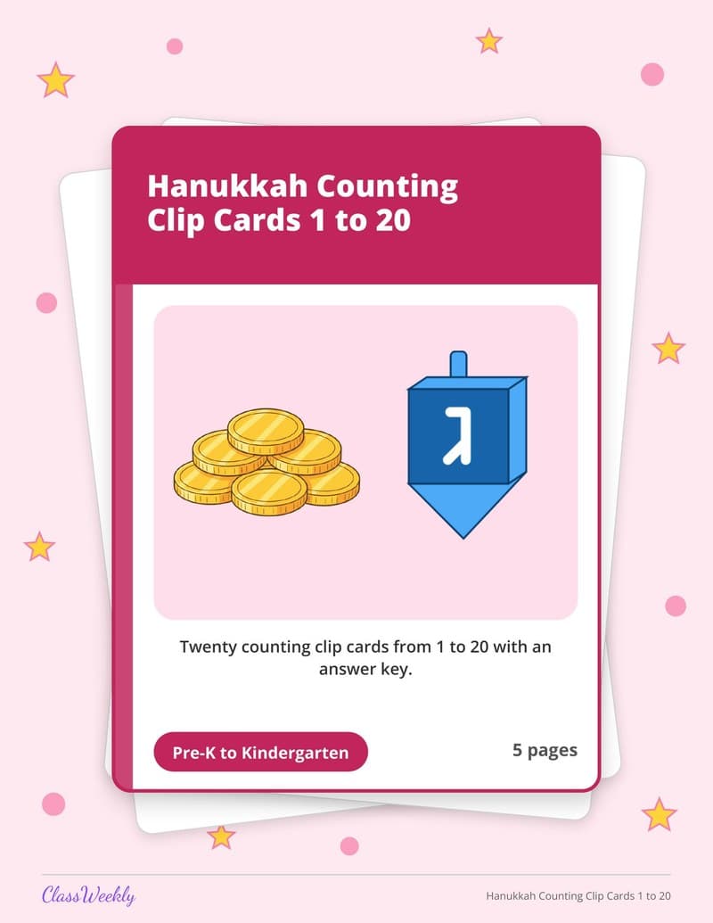 Hanukkah Counting Clip Cards 1 to 20 - Kindergarten Numbers printable preview