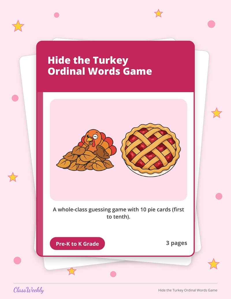 Hide the Turkey Ordinal Words Game - Kindergarten Numbers printable preview