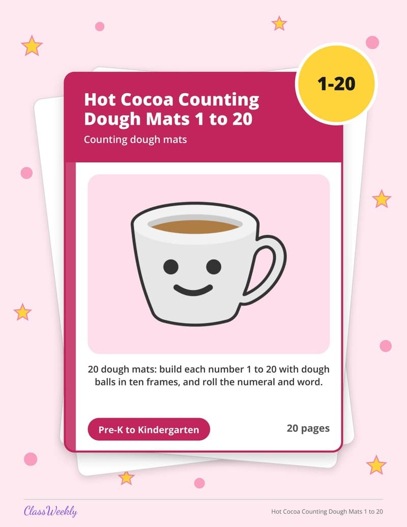 Hot Cocoa Counting Dough Mats 1 to 20 - Kindergarten Numbers printable preview