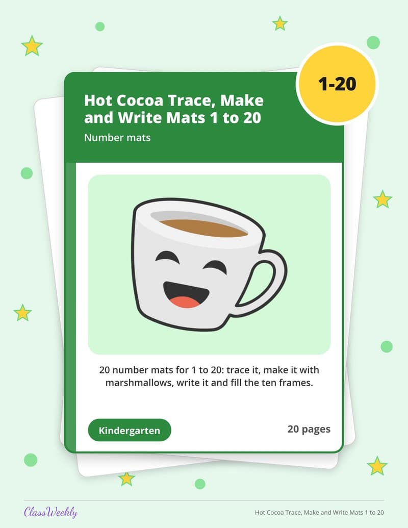 Hot Cocoa Trace, Make and Write Mats 1 to 20 - Kindergarten Numbers printable preview