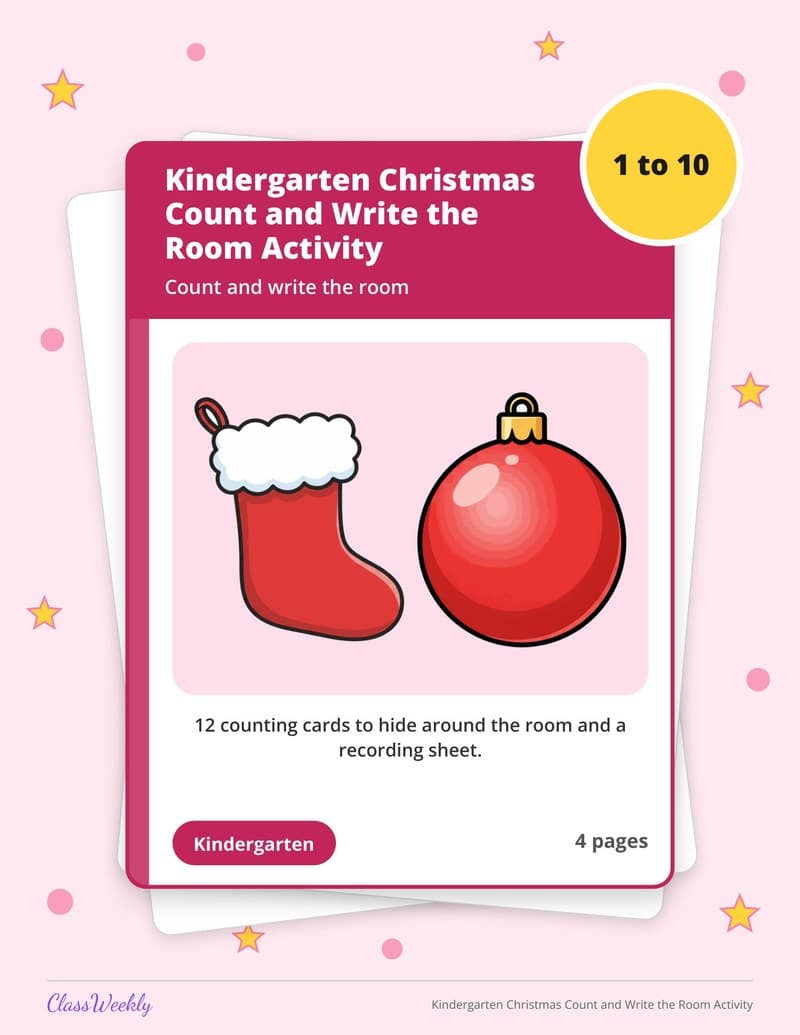 Kindergarten Christmas Count and Write the Room Activity - Kindergarten Numbers printable preview
