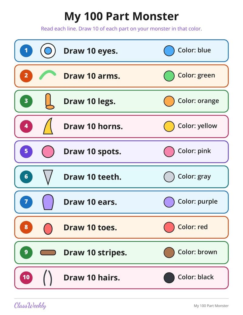 My 100 Part Monster - 2nd Grade Numbers printable preview