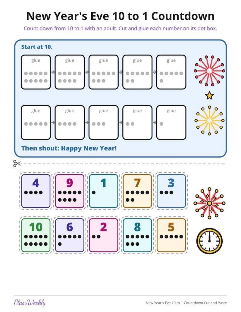 New Year's Eve 10 to 1 Countdown Cut and Paste - Kindergarten Numbers printable preview