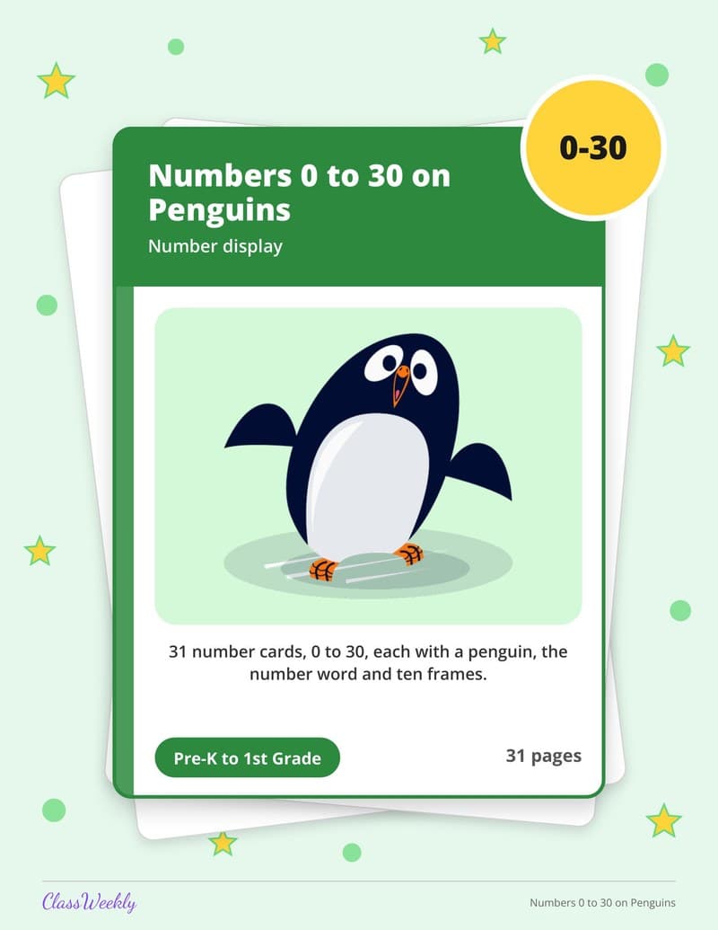 Numbers 0 to 30 on Penguins - Kindergarten Numbers printable preview