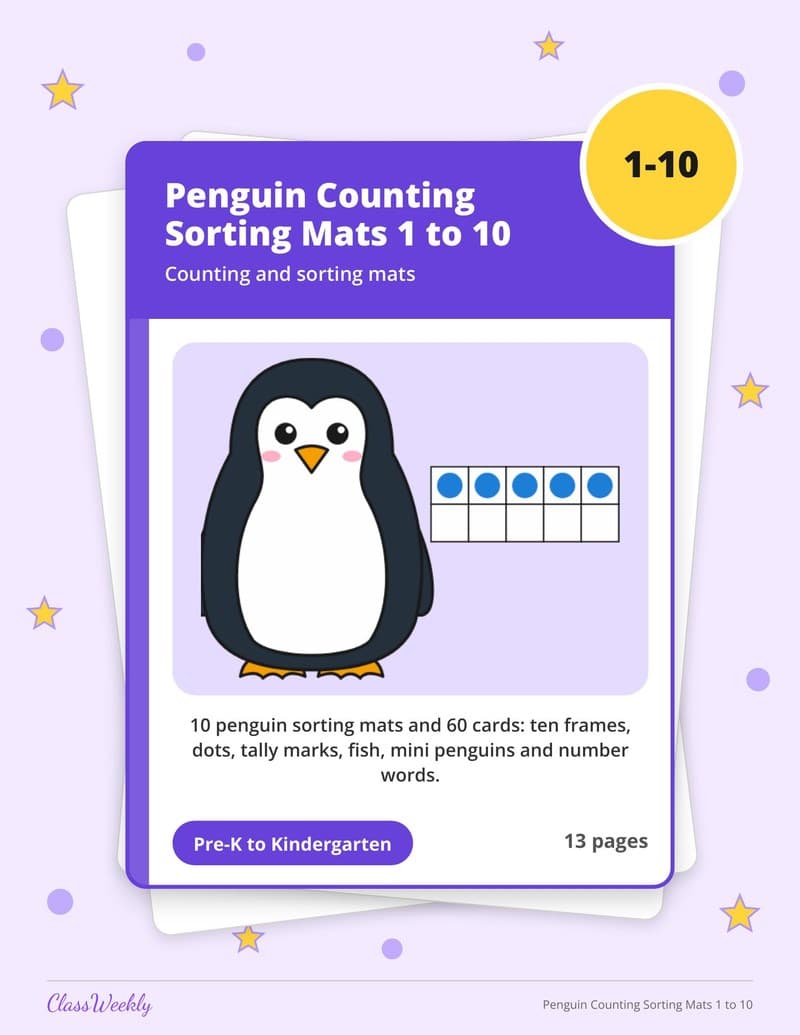 Penguin Counting Sorting Mats 1 to 10 - Kindergarten Numbers printable preview
