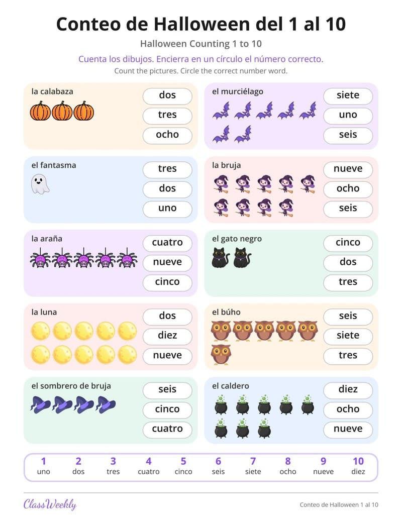 Spanish Halloween Counting 1 to 10 (Conteo de Halloween) - Kindergarten worksheet preview