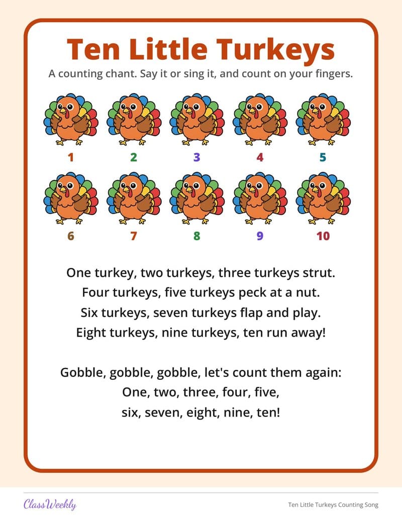 Ten Little Turkeys Counting Song - 2nd Grade Numbers printable preview