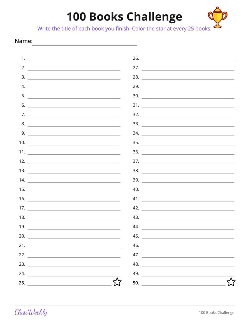 100 Books Challenge - Kindergarten Reading Logs printable preview