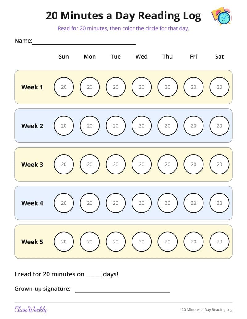 20 Minutes a Day Reading Log - Kindergarten Reading Logs printable preview