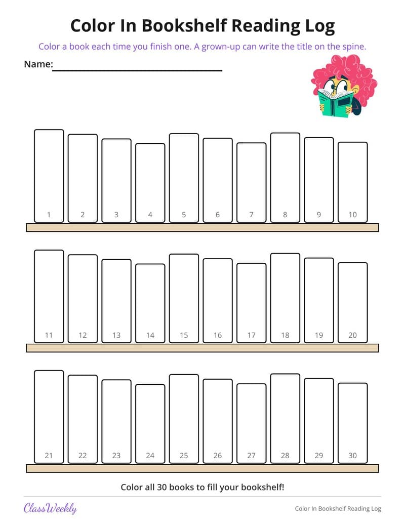 Color In Bookshelf Reading Log - Kindergarten Reading Logs printable preview