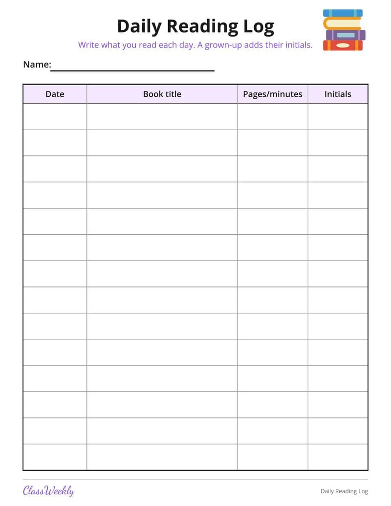 Daily Reading Log - Kindergarten Reading Logs printable preview
