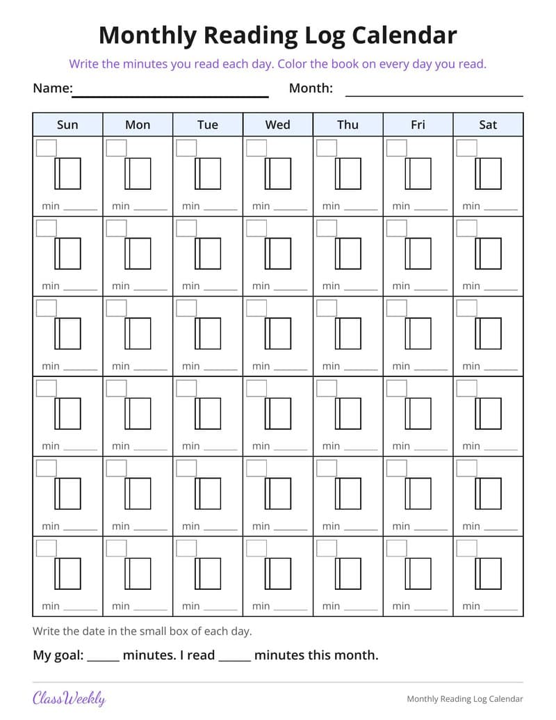 Monthly Reading Log Calendar - Kindergarten Reading Logs printable preview
