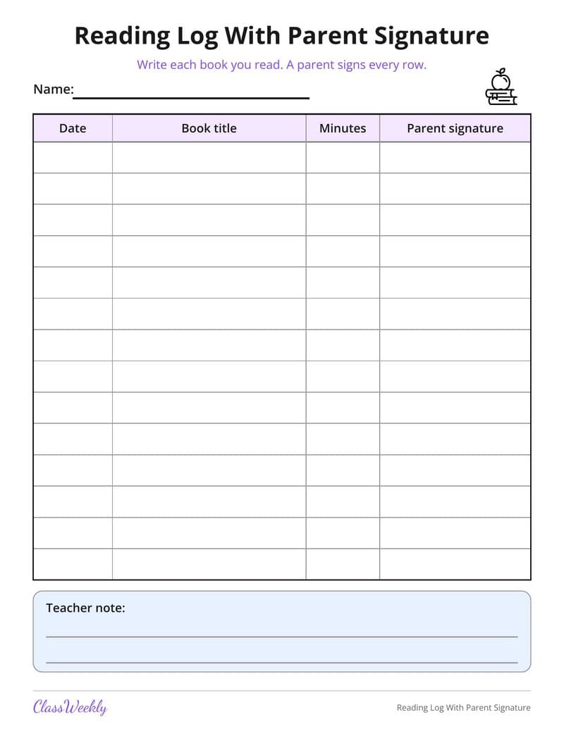 Reading Log With Parent Signature - Kindergarten Reading Logs printable preview