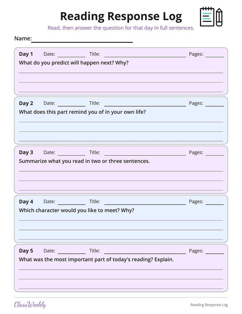 Reading Response Log - Kindergarten Reading Logs printable preview