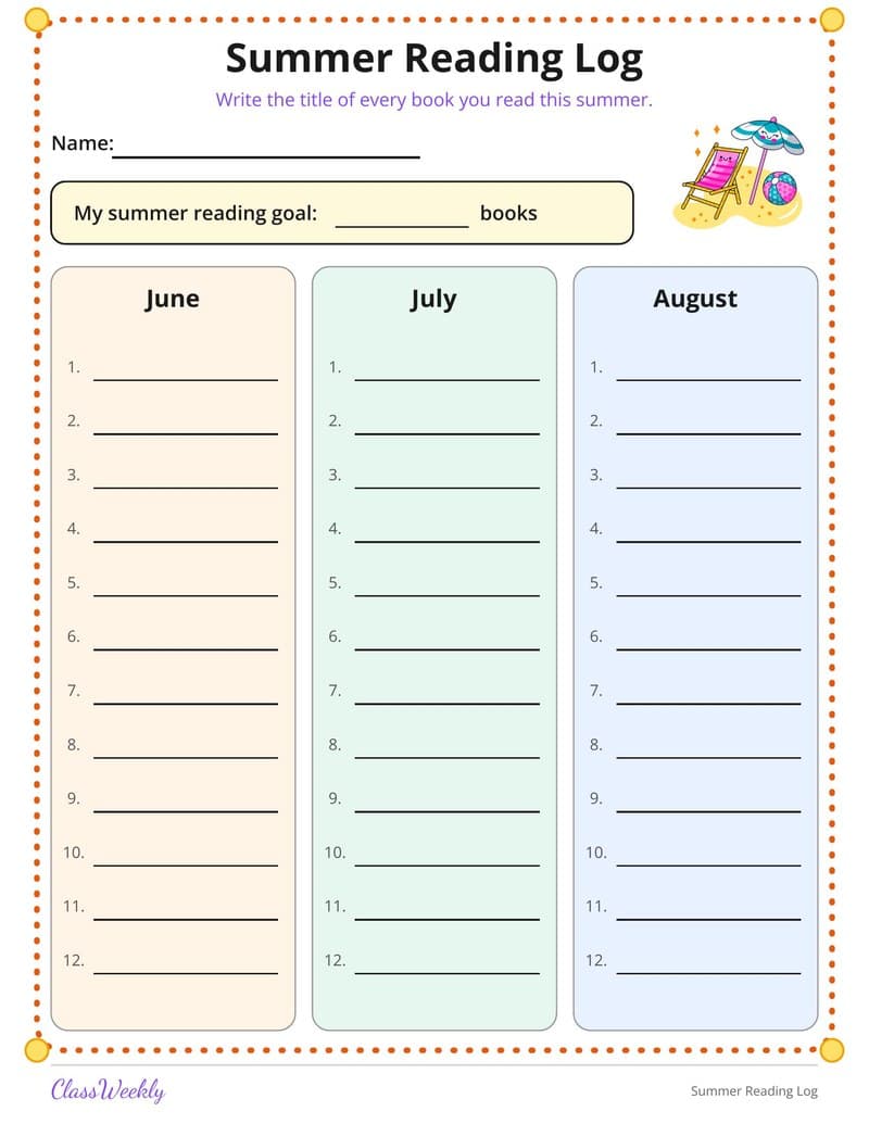 Summer Reading Log - Kindergarten Reading Logs printable preview