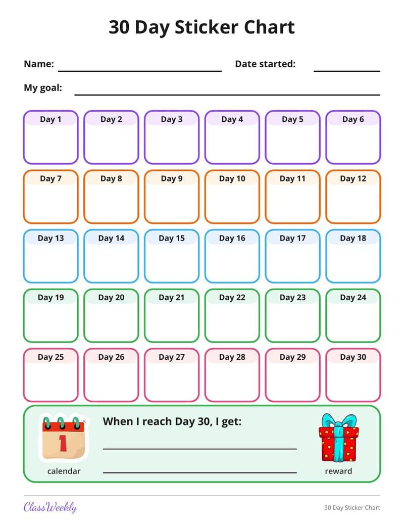 30 Day Sticker Chart - Kindergarten Reward and Behavior Charts printable preview