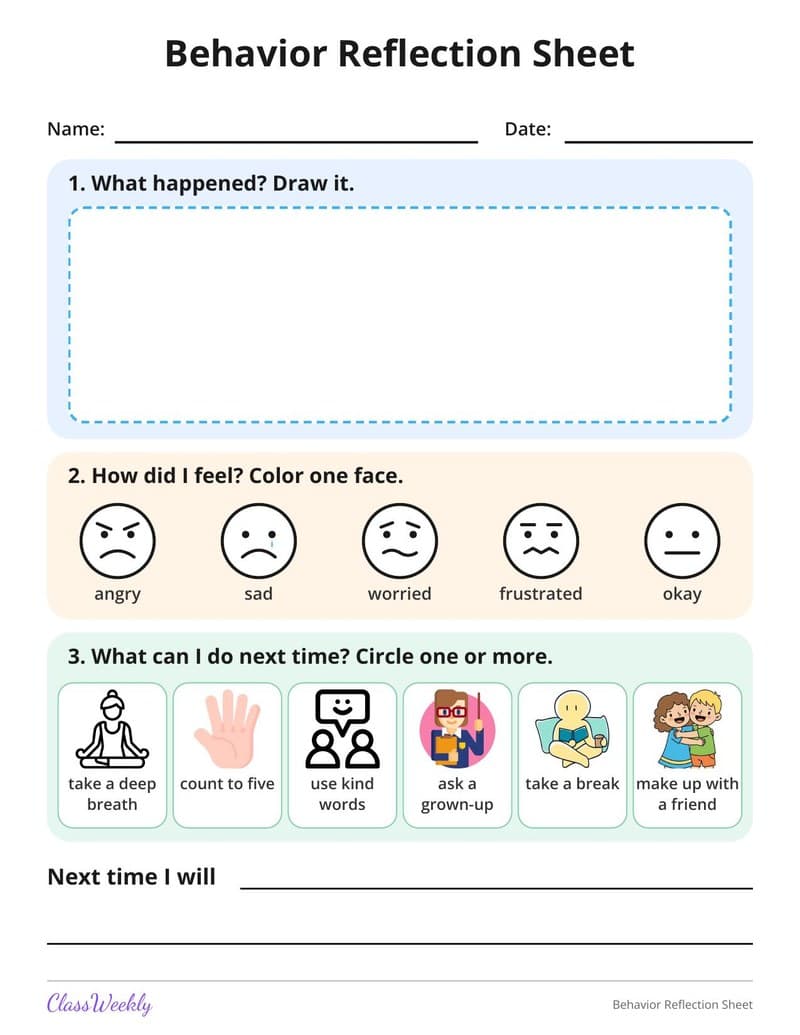 Behavior Reflection Sheet - Kindergarten Reward and Behavior Charts worksheet preview