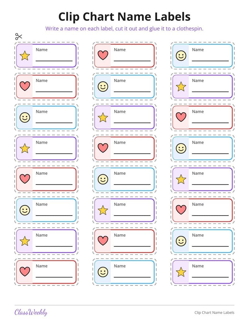 Clip Chart Name Labels - Kindergarten Reward and Behavior Charts worksheet preview
