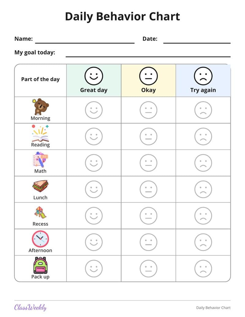 Daily Behavior Chart - Kindergarten Reward and Behavior Charts printable preview