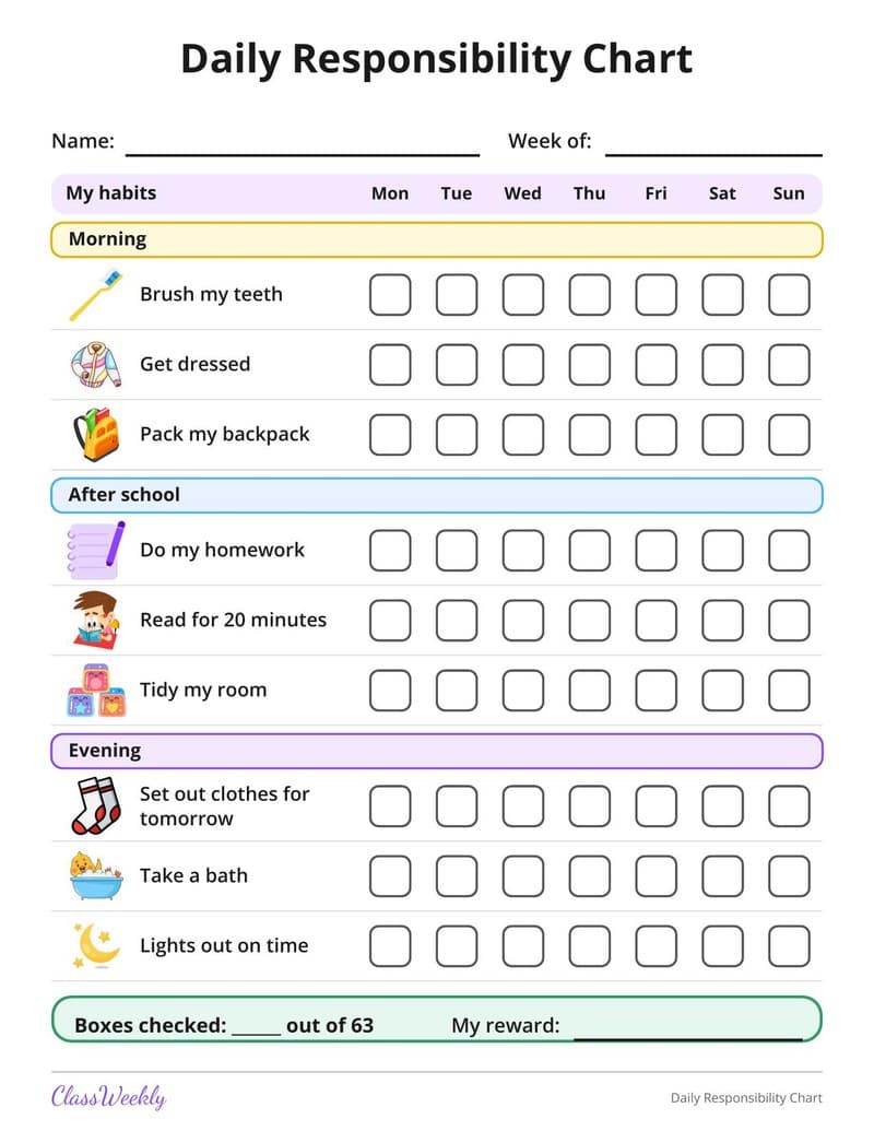 Daily Responsibility Chart - 1st Grade Reward and Behavior Charts worksheet preview