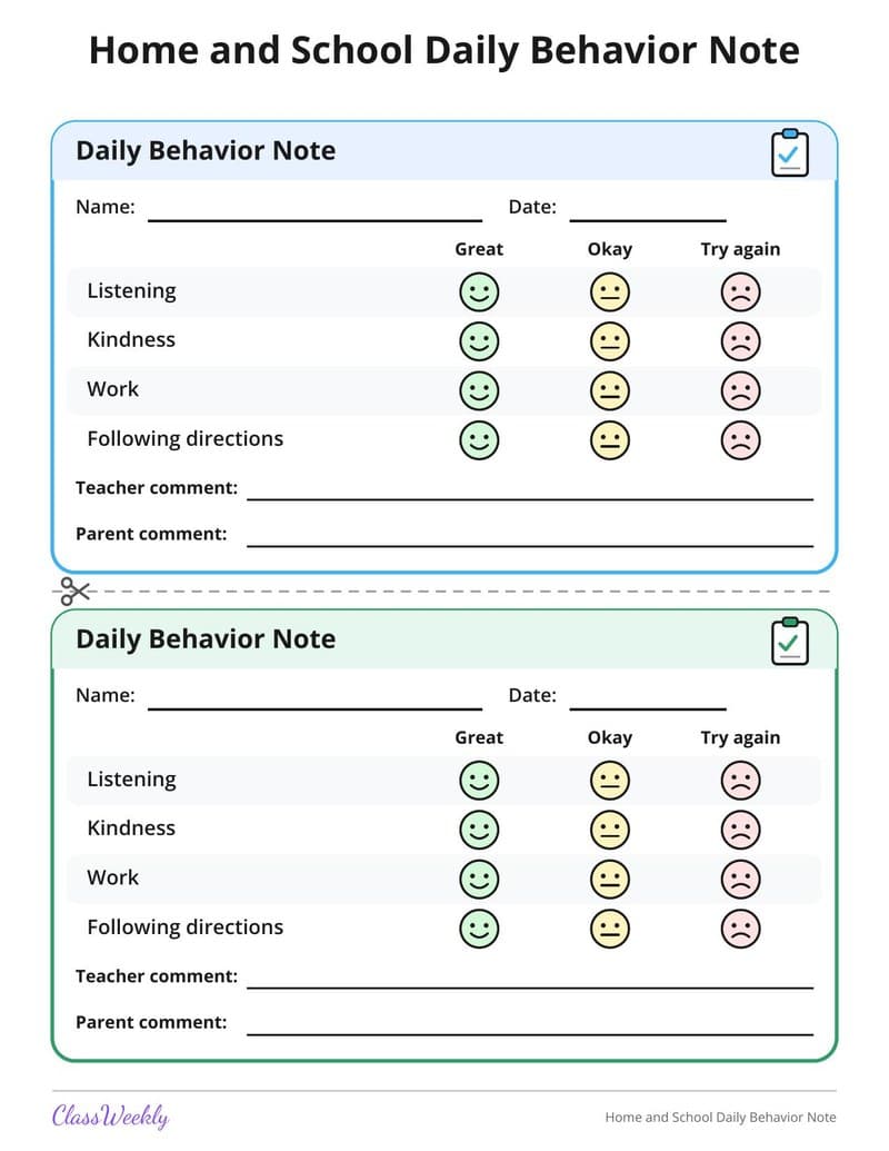 Home and School Daily Behavior Note - Kindergarten Reward and Behavior Charts worksheet preview