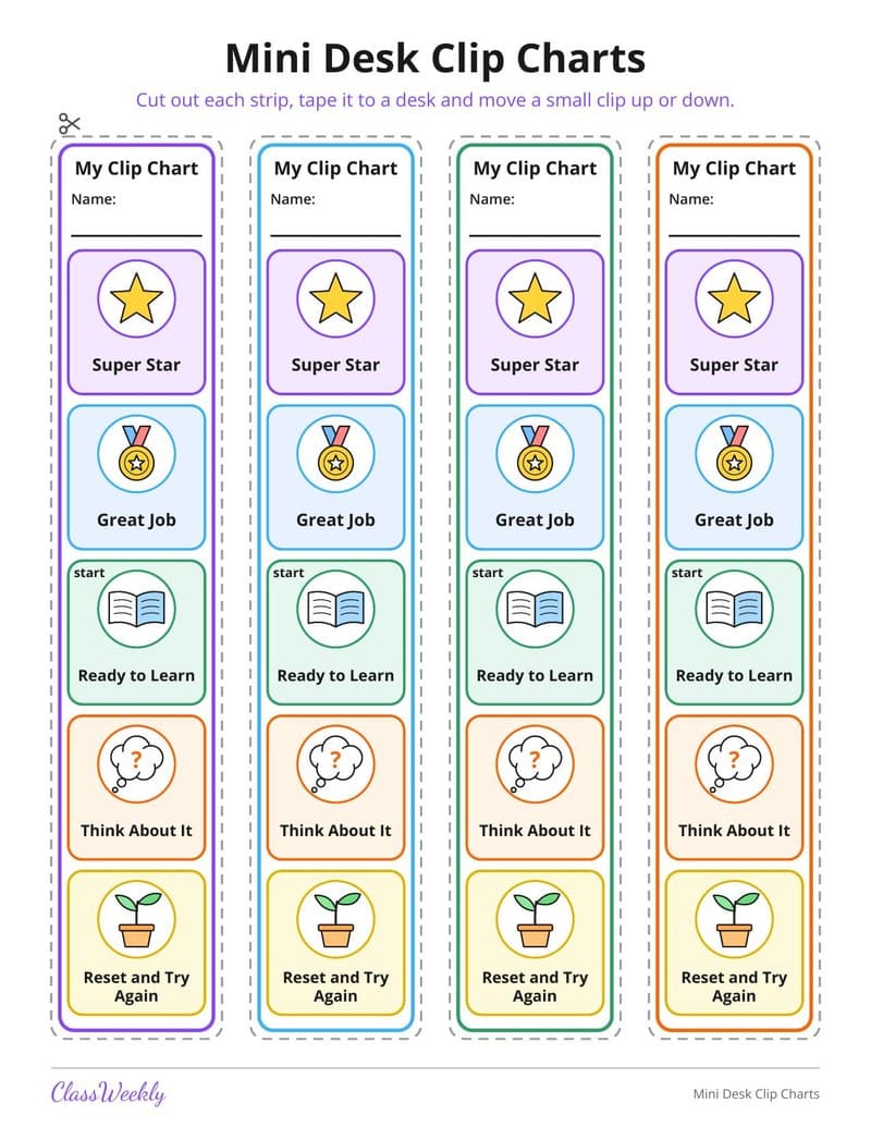 Mini Desk Clip Charts - 1st Grade Reward and Behavior Charts worksheet preview