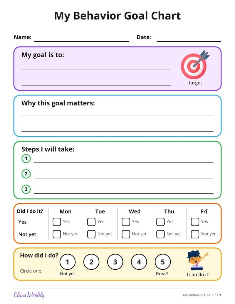 My Behavior Goal Chart - Kindergarten Reward and Behavior Charts worksheet preview
