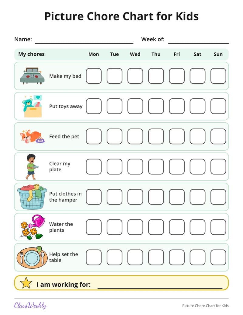 Picture Chore Chart for Kids - 2nd Grade Reward and Behavior Charts printable preview
