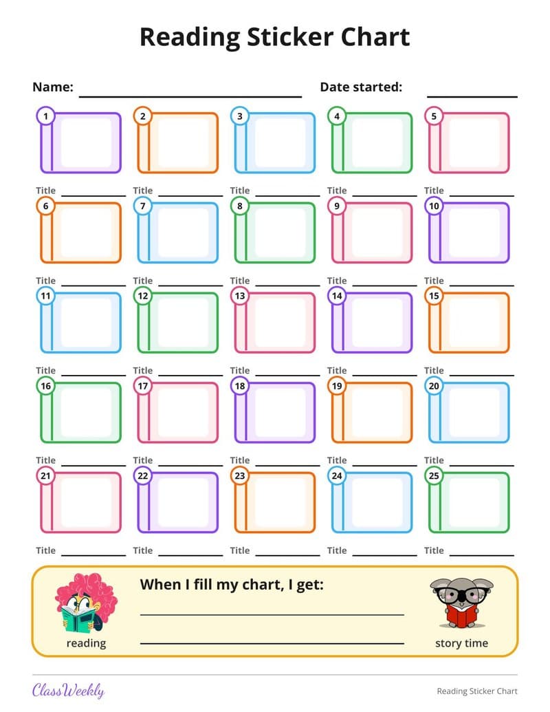 Reading Sticker Chart - Kindergarten Reward and Behavior Charts worksheet preview