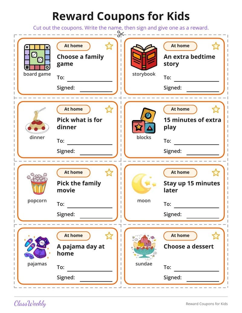 Reward Coupons for Kids - Kindergarten Reward and Behavior Charts worksheet preview