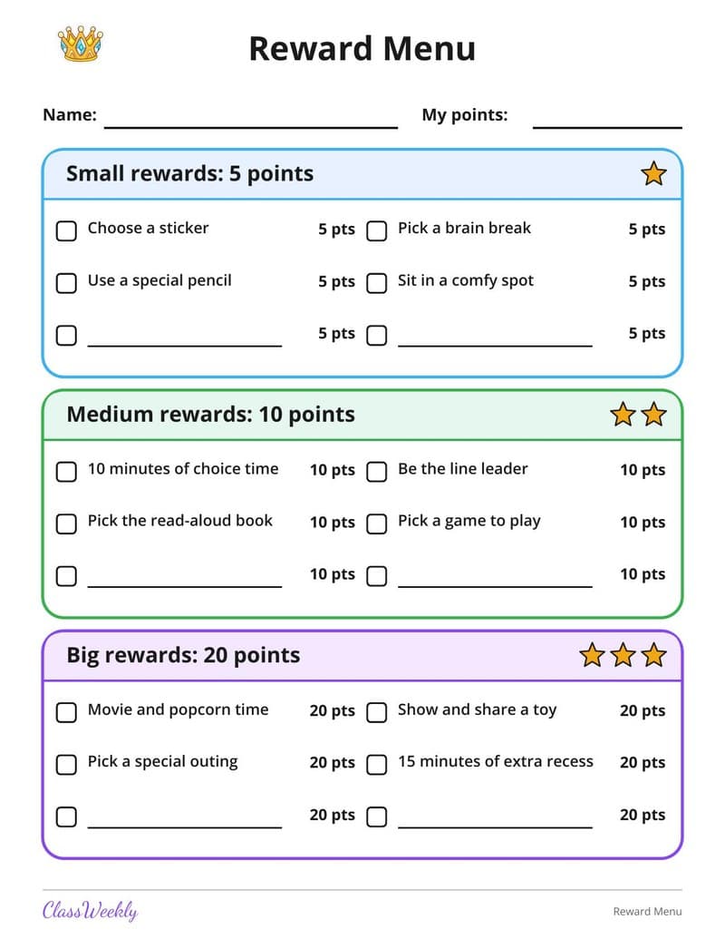 Reward Menu - 2nd Grade Reward and Behavior Charts printable preview