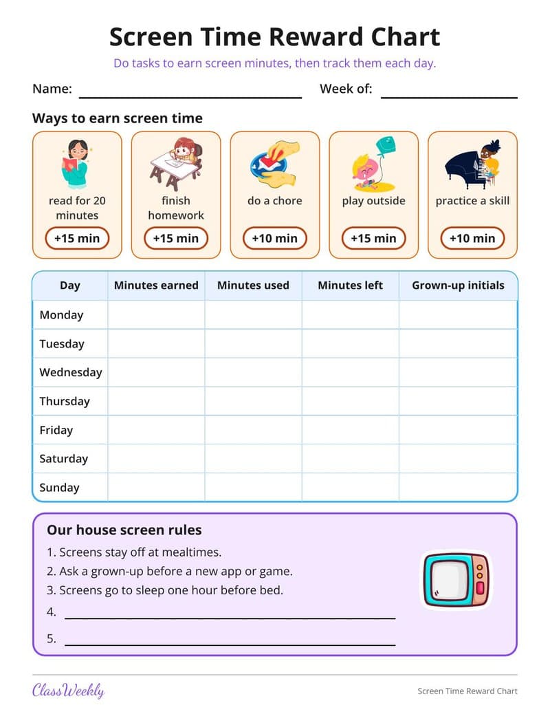 Screen Time Reward Chart - Kindergarten Reward and Behavior Charts worksheet preview