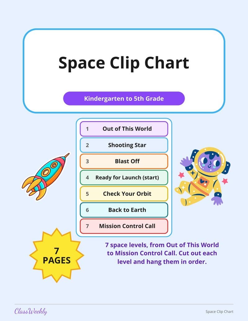Space Clip Chart - Kindergarten Reward and Behavior Charts worksheet preview