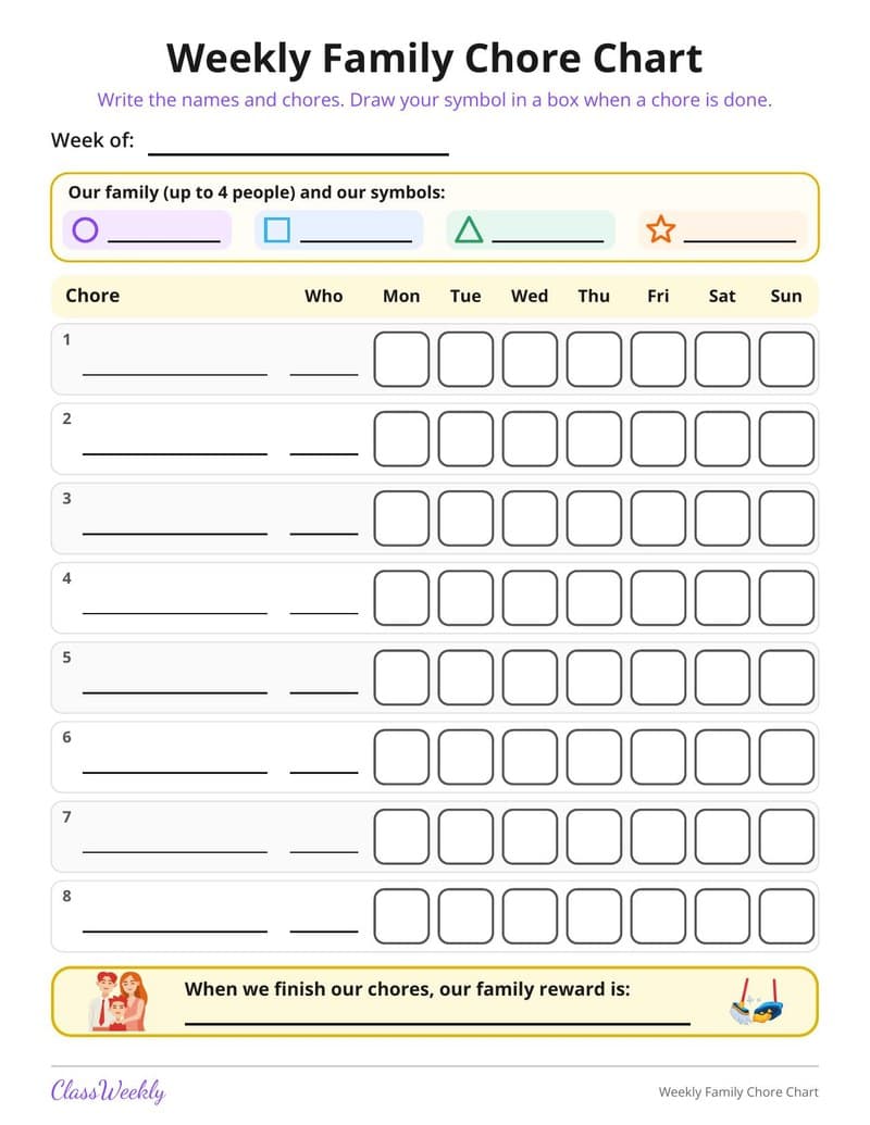 Weekly Family Chore Chart - Kindergarten Reward and Behavior Charts worksheet preview
