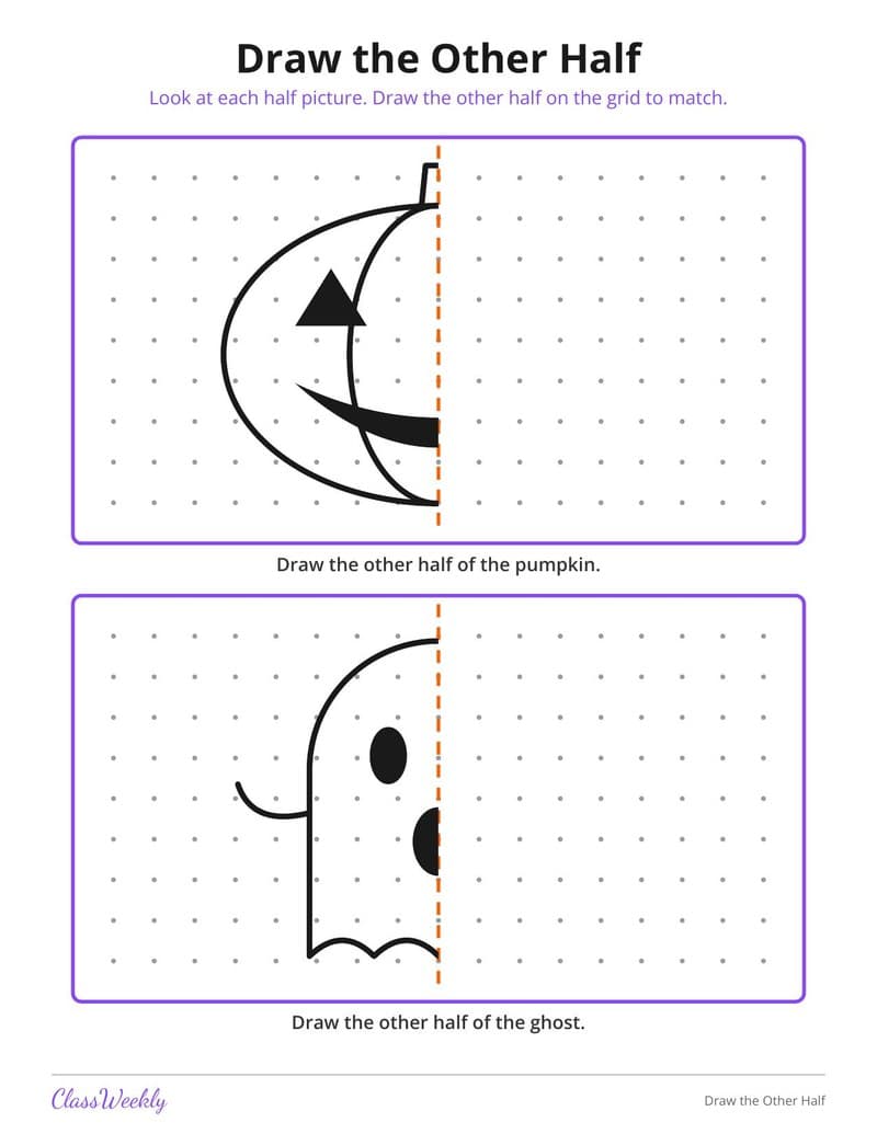 Halloween Draw the Other Half (Symmetry) - 1st Grade Shapes worksheet preview