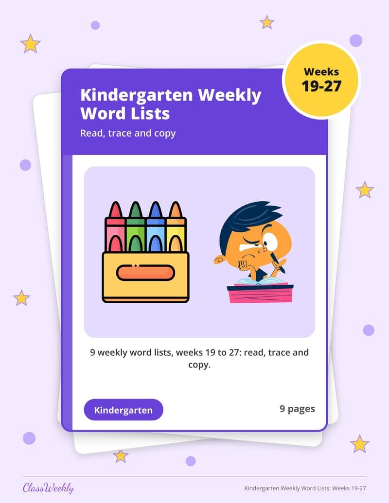Kindergarten Weekly Word Lists: Weeks 19-27 - Kindergarten Spelling Lists printable preview