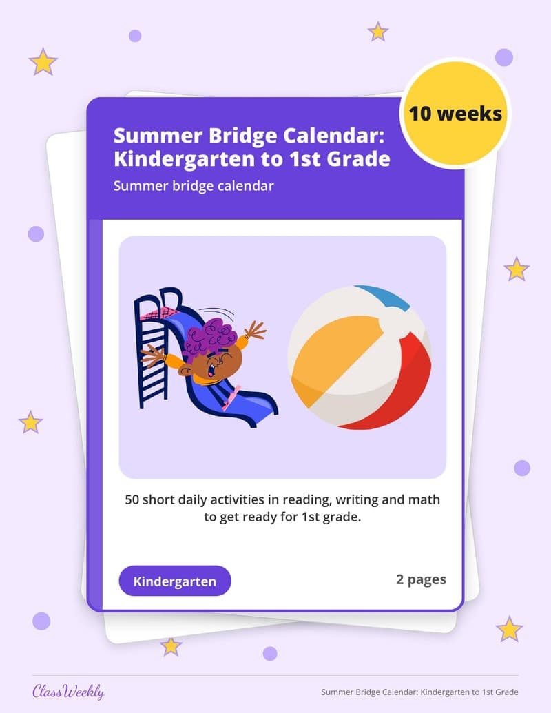 Summer Bridge Calendar: Kindergarten to 1st Grade - 1st Grade Summer Activities printable preview