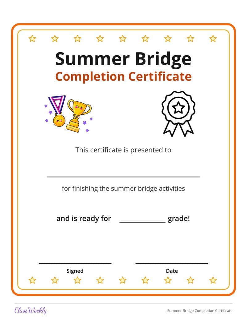 Summer Bridge Completion Certificate - 1st Grade Summer Activities printable preview