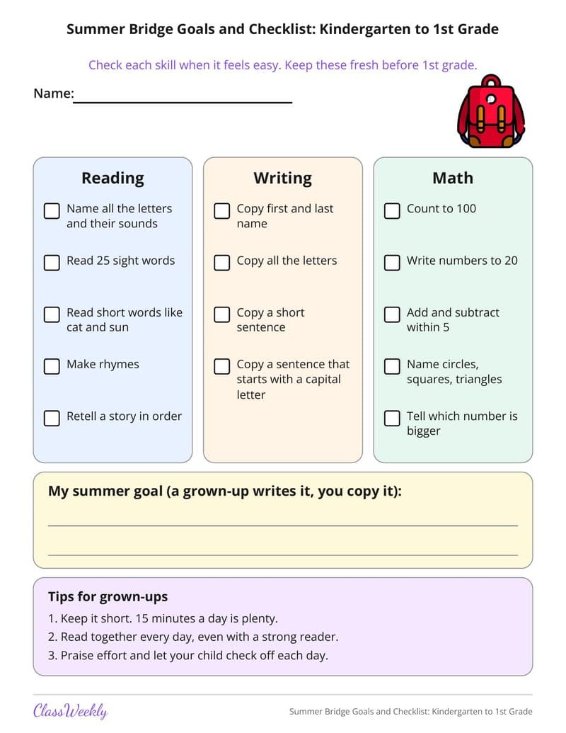 Summer Bridge Goals and Checklist: Kindergarten to 1st Grade - 1st Grade Summer Activities printable preview