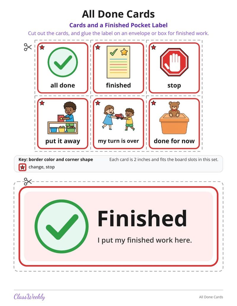 All Done Cards - Kindergarten Visual Schedules worksheet preview